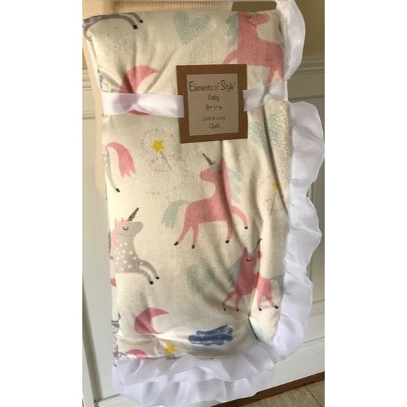 ELEMENTS OF STYLE RUFFLED UNICORN PRINT REVERSIBLE BABY QUILT 40" X 30" NWT - Picture 4 of 6